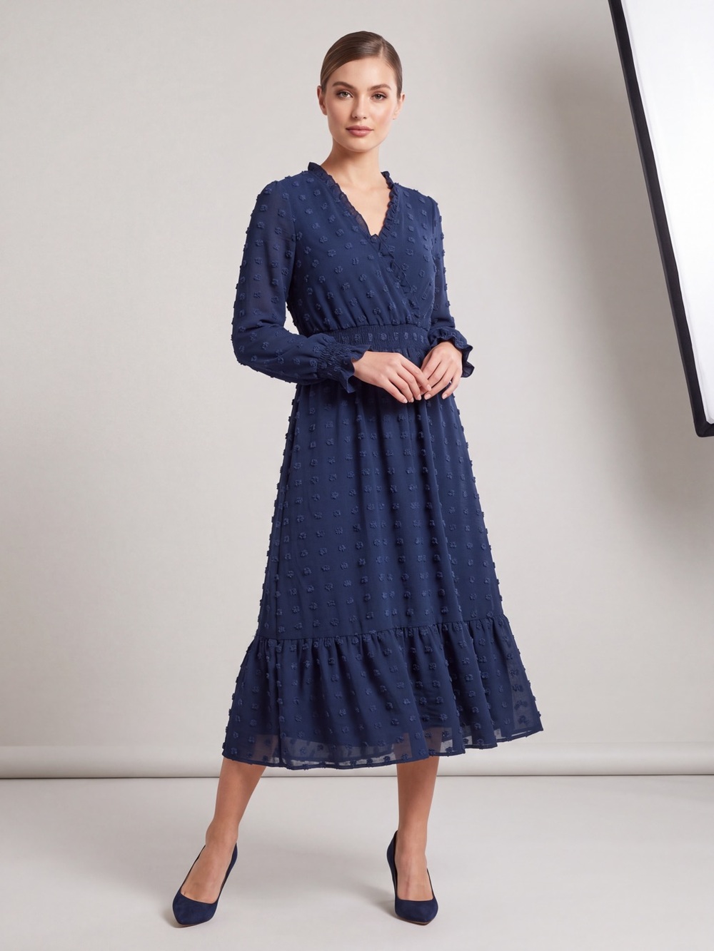 Long Sleeve Navy Blue Swiss Dot Midi Dress